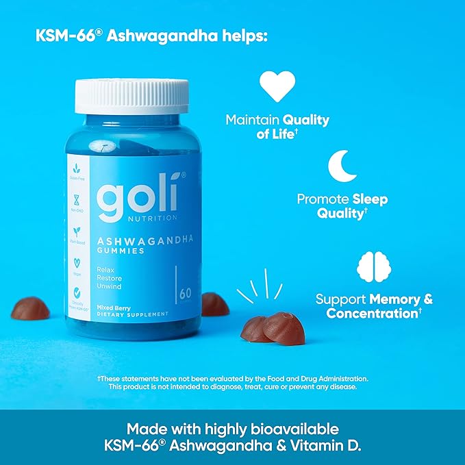 Goli Ashwagandha & Vitamin D Gummy - 180 Count - Mixed Berry, KSM-66, Vegan, Plant Based, Non-GMO, Gluten-Free & Gelatin Free Relax. Restore. Unwind, Pack of 3