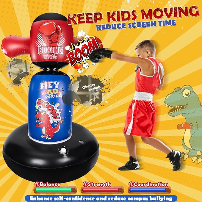 Punching Bag for Kids, Hyperzoo 360°Rotating Inflatable Kids Heavy Punching Bags, Freestanding Heavy Boxing Bag Toy Christmas Birthday Gift for Boys Girls 3-12 Karate, Taekwondo