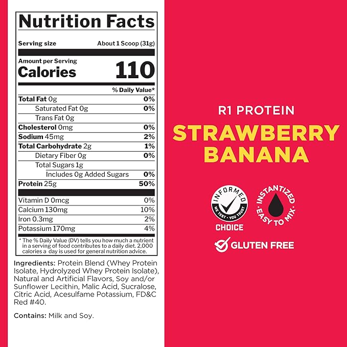Rule One Proteins R1 Protein - 25g Fast-Acting, Super-Pure 100% Isolate and Hydrolysate Protein Powder with 6g BCAAs (2 Pounds*, Strawberry Banana)
