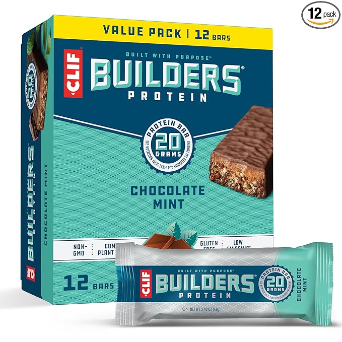 CLIF Builders - Chocolate Mint Flavor - Plant Based Protein Bars - Gluten Free - Non-GMO - Low Glycemic - 20g Protein - 2.4 oz. (12 Pack)