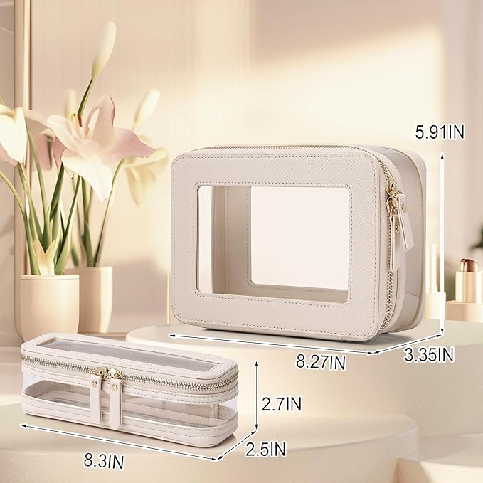 Travel Clear Makeup Bag with Brush Case TSA Approved Toiletry Bag Waterproof Cosmetic Organizer Car Essential for Women (Beige, M+SLIM)