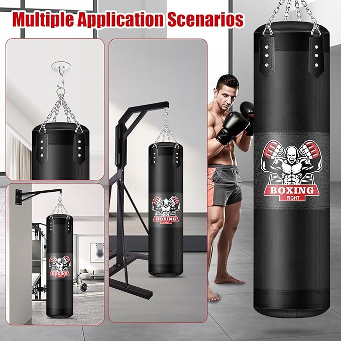 Hanging Punching Bag for Adults, 4ft PU Leather Heavy Boxing Bag Set, Hanging Bag Boxing Equipment for MMA Karate Kickboxing Boxing Home Gym, Unfilled