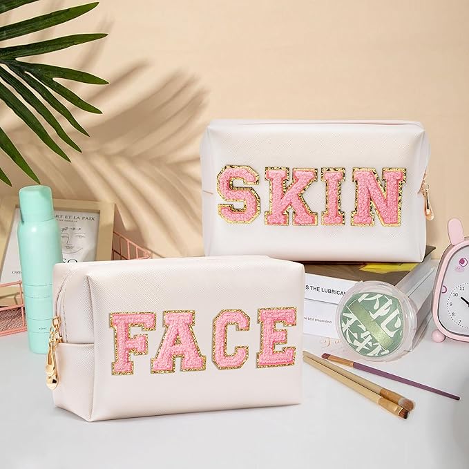 CY2SIDE SKIN Letter Makeup Bag - 2PCS SKIN and FACH Chenille Letter Patch Cosmetic Bag Preppy PU Leather Patch Pouch Waterproof Portable Zipper Travel Organizer Christmas Gifts for Women Girls(Pink)