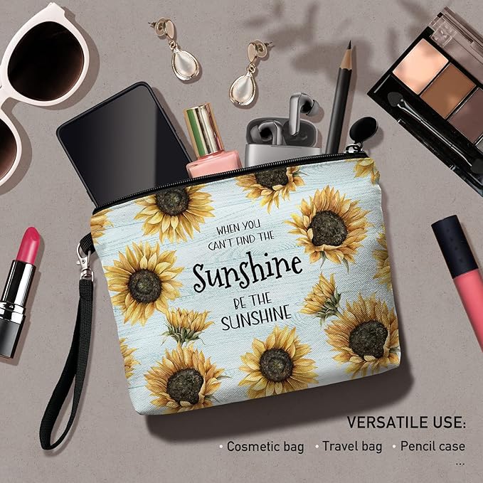 Hglian Sunflower Makeup Bag,Be The Sunshine Travel Travel Cosmetic Bag Zipper Pouch,Inspirational Birthday Gifts for Female Friends