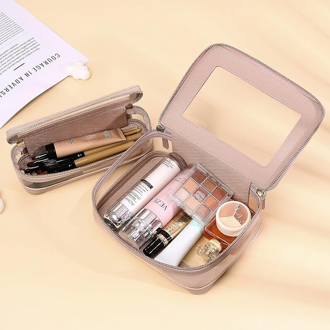 Travel Clear Makeup Bag with Brush Case TSA Approved Toiletry Bag Waterproof Cosmetic Organizer Car Essential for Women (Pink, M+SLIM)