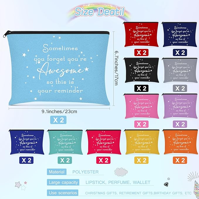 Sieral 24 Pcs Inspirational Makeup Bag Appreciation Nurse Gift for Women You're Awesome Cosmetic Bags Employee Motivational Gifts for Coworkers Teacher Mom Assistant Nurse(Bright Color)