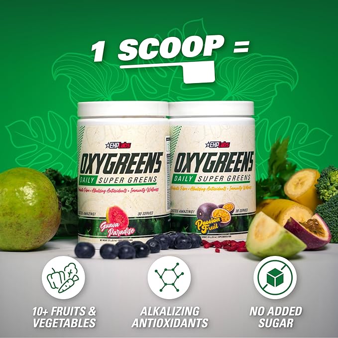 EHP Labs OxyGreens Super Greens Powder - Spirulina & Chlorella Superfood, Green Juice Powder & Greens Supplements with Prebiotic Fibre, Antioxidants & Immunity Support, 30 Serves (Lychee)
