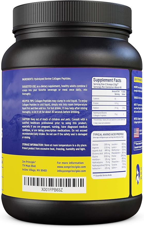 Zen Principle Grass-Fed Collagen Peptides 1.5 lb. Anti-Aging Hydrolyzed Protein Powder for Healthy Hair, Skin, Joints & Nails. Paleo and Keto Friendly, GMO and Gluten Free, Pasture-Raised Bovine.