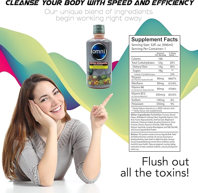 Wellgenix Omni Cleansing Drink, Extra Strength Body Detox, Herbal Cleanse Detox Liquid, Flush Your System, Fruit Punch Flavor, 32 Fl Oz, Premium Detox Support Supplement
