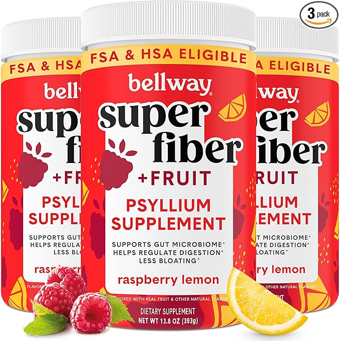 Bellway Super Fiber Powder + Fruit (3 Pack), Sugar Free Organic Psyllium Husk Powder Fiber Supplement for Regularity, Bloating Relief & Gut Health, Non-GMO, Plant-Based, Raspberry Lemon (150 Servings)
