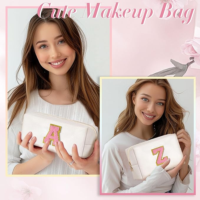 TOPEAST Monogrammed Gifts for Women, Personalized Initial Cosmetic Bag With Zipper, 2 PCS Makeup Pouch Makeup Organizer Bag PU Leather Waterproof Preppy Makeup Bag For Women, White E