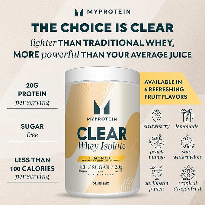 Myprotein Clear Whey Isolate Protein Powder, 1.1 Lb (20 Servings) Lemonade, 20g Protein per Serving, Naturally Flavored Drink Mix