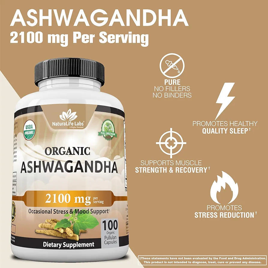 NaturaLife Labs, Organic Ashwagandha 2,100 mg - 100 Veggie Capsules Pure Organic Ashwagandha Powder and Root Extract - Stress Relief, Mood Enhancer
