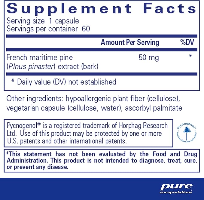Pure Encapsulations Pycnogenol (Pine Bark Extract) 50 mg | Hypoallergenic Supplement to Support Cognitive Function and Cardiovascular Health | 60 Capsules
