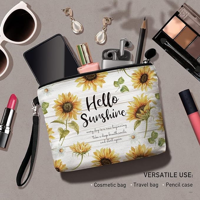 Hglian Sunflower Travel Makeup Bag Inspirational Cosmetic Toiletry Bags Cute Zipper Wristlet Pouch for Purse Travel Accessories Organizer,Birthday Gifts for Women Girls(Sunshine Yellow)