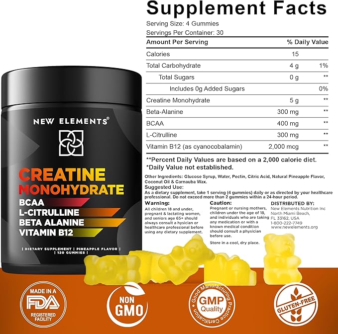 Creatine Monohydrate Gummies 5mg with BCAA L-Citrulline Beta Alanine & Vitamin B12 | The Ultimate Energy Booster