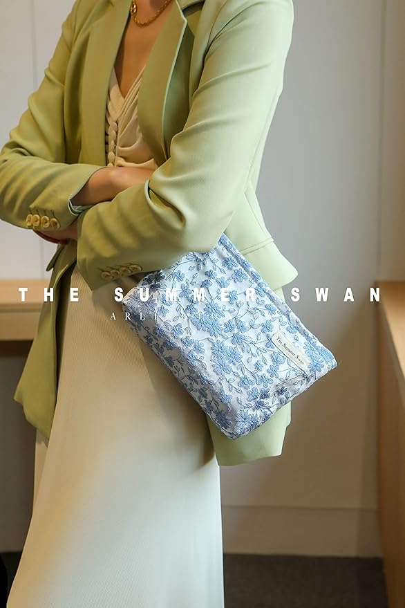 The Summer Swan | Floral Cosmetic Bag|Large Aesthetic Makeup Bag Travel Personal Item Preppy Pouch Skincare (Embroidery Blue)