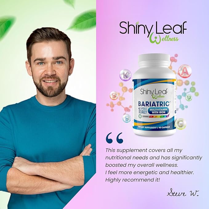 Shiny Leaf Bariatric Multivitamin with Iron - 45mg Iron, 360 Capsules, Post WLS Support, for Gastric Sleeve, Bypass and Mini Bypass, High Potency Daily Vitamins, for Women and Men,1 Year Supply
