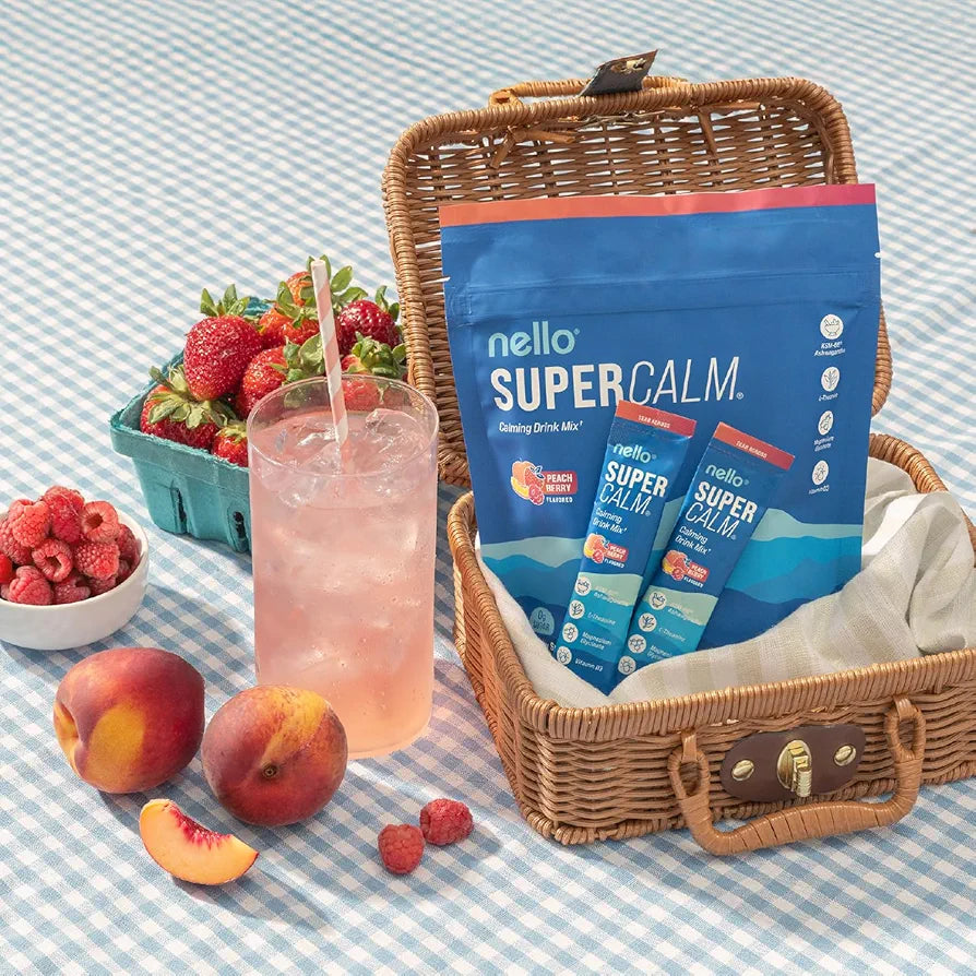 Supercalm Drink Mix - Ashwagandha KSM 66, Magnesium Glycinate & L-Theanine Supplement - Ashwagandha Root Extract - Focus and Relaxation Support (20 Travel Packets) - Peach Berry