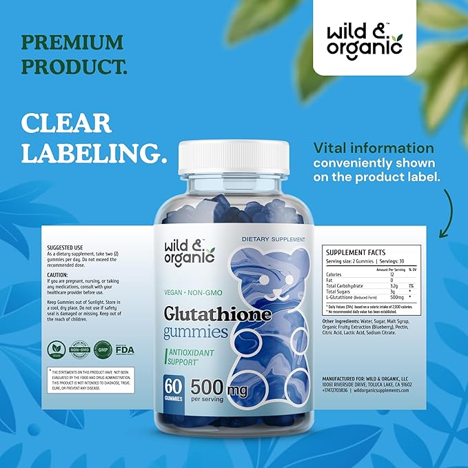 Wild & Organic L Glutathione Gummies - Reduced Glutathione 500mg for Antioxidant Support - Liver Cleanse Detox Supplement - 60 Vegan, Non-GMO, Pectin-Based Chews