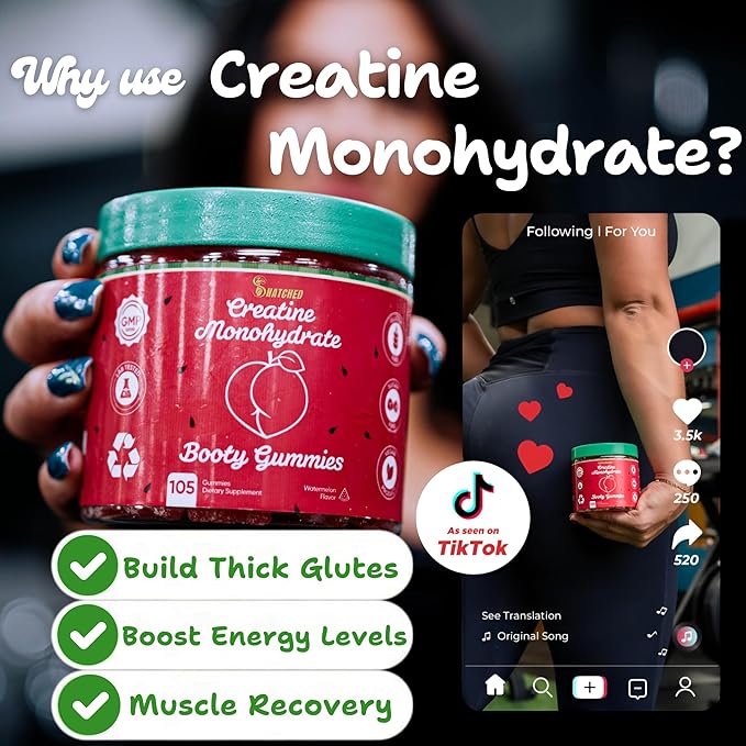 World's First Creatine Monohydrate + Keto ACV Booty Gummies Supplement for Women - 5000mg Creatine plus 1000mg ACV - Glute Builder, Waist Slimmer, Gym Essentials Women, Sugar Free (120 Ct Watermelon)