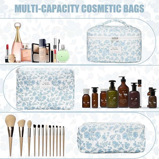 Quilted Makeup Bag Set, 3Pcs Large Checkered Corduroy Cosmetic Bags, Cute Coquette Makeup Bag Toiletry Zipper Pouch Bag for Women and Girls Checkered