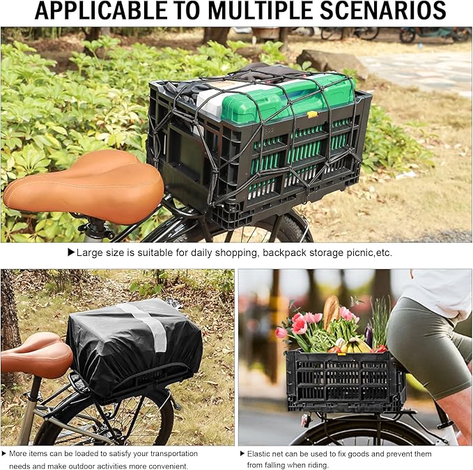 Bike Foldable Rear Basket, Rear Bicycle Cargo Rack, Ebike Storage Rear Basket with Large Capacity, Cargo Net and Rainproof Cover, Easy to Install. Resistant to Heat & Corrosion