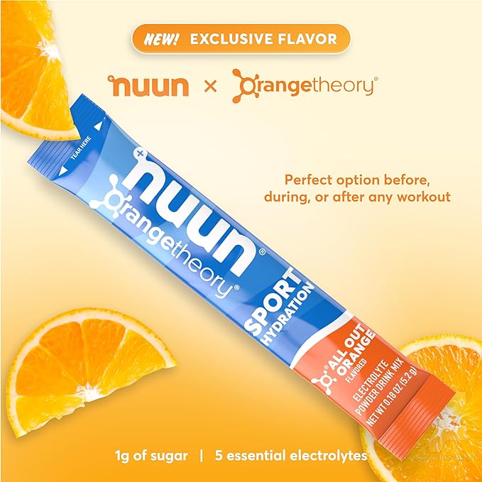 Nuun Sport Electrolyte Powder Packets - All Out Orange, 5 Essential Electrolytes for Hydration, Exclusive Orangetheory Fitness Flavor, 1g Sugar, Non GMO, Vegan, 16 Single Serving Sticks