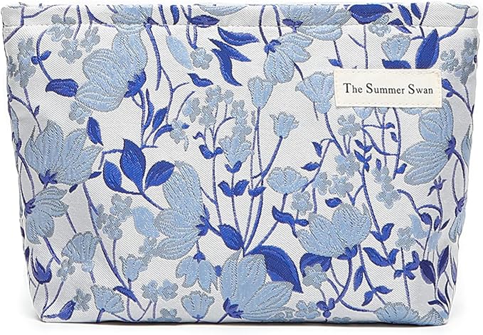 FlowerVineBlue Summer Swan | Large Aesthetic Floral Makeup Clutch | Period Kit | Hygiene & Skincare Bag