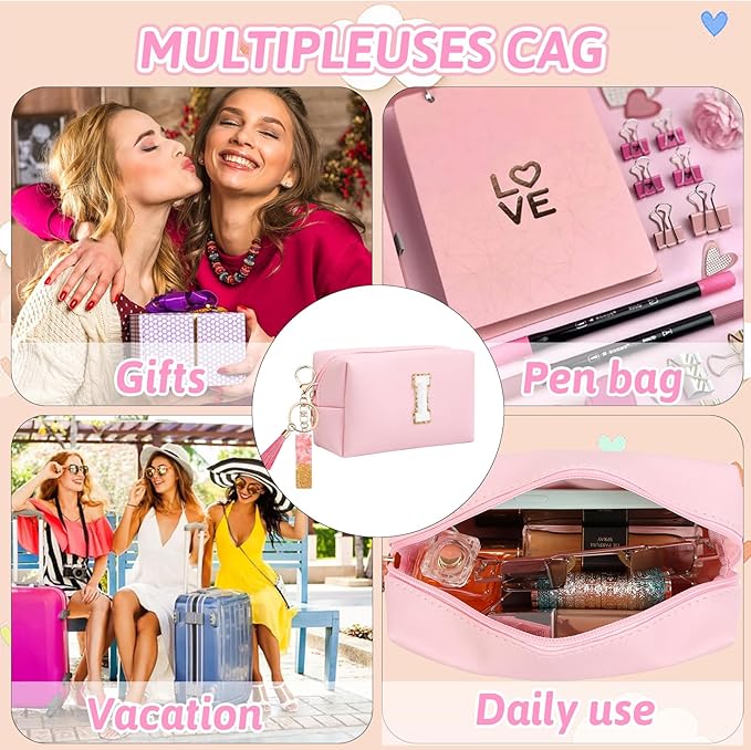 Birthday Gifts for Women Her,Travel Cute Makeup Bag,Large Capacity Cosmetic Bags for Women Makeup Pouch PU Leather Waterproof Cosmetic Bag (I, Pink)