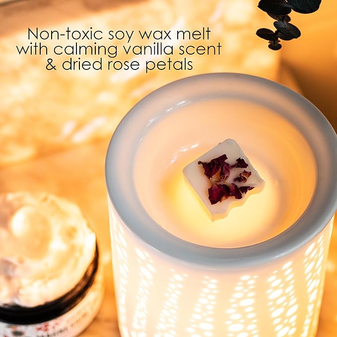Natural Spa Gift Box, Self Care Kit for Women - Chamomile Bath Salts, Vanilla Rose Magnesium Cream, Non-Toxic Soy Wax Melts - Mother's Day Gift, Easter Basket for Women, Pregnancy Box