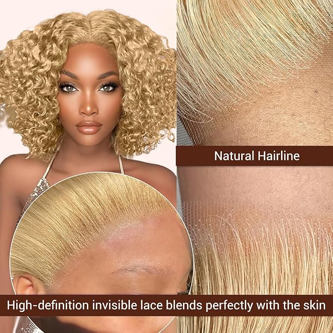 FABA Glueless Wigs Human Hair Pre Plucked Pre Cut Bob Blonde Curly Wig 9x6 Wear And Go Honey Blonde Deep Wave Closure Wig 180% Density Short Curly 14 Inch