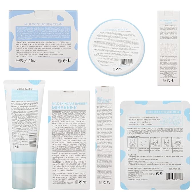 Skin Care Routine Set For Women, Anti Aging Milk Skin Care Gift Set For Acne, Wrinkles, Face Care Kit With Cleanser, Serum, Exfoliating Scrub, Cream, Eye Cream, Facial Mask, Deep Moisturizing