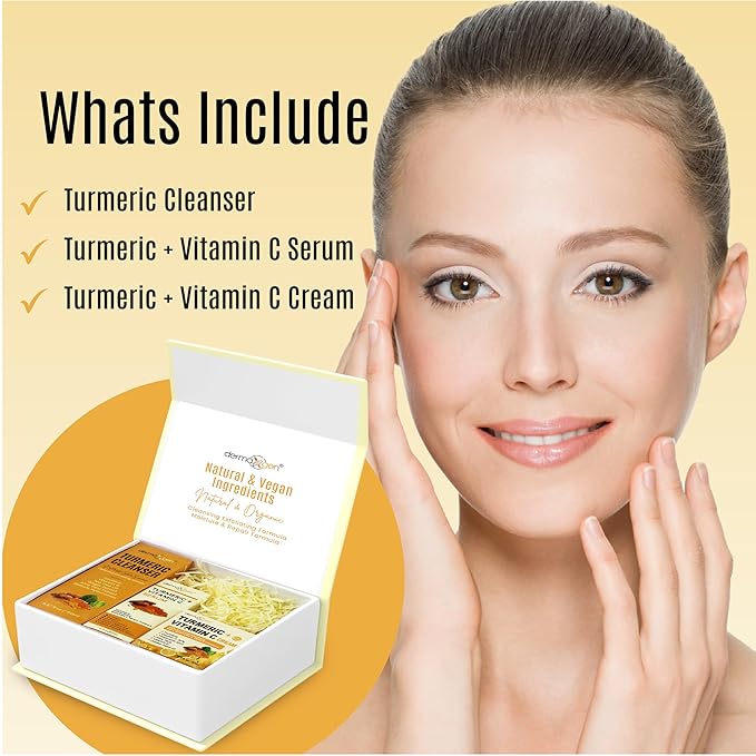 Turmeric Complete Facial Care Kit - Organic Glowing Skin Anti-Aging, Rejuvenating, Boosting Collagen & Hydrating - Day & Night Brightening Skincare Gift Set