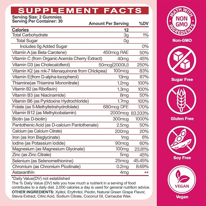 Sugar-Free Womens Multivitamin Gummies - High Absorption Multivitamin for Women Gummy with Omega-3, Astaxanthin, Calcium, Iron, Vitamin A, C, D3, K2, E, B6, B12 - Supports Skin, Hair, Energy, Immune