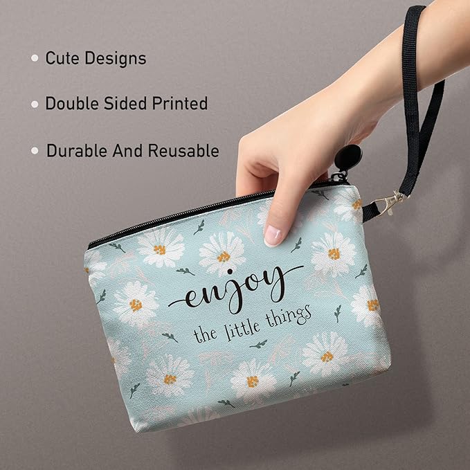 Hglian Daisy Flower Travel Makeup Bag Inspirational Cosmetic Toiletry Organizer Cute Zipper Pouch Wristlet for Purse Birthday Gifts for Women Daisy Lover Girls(Teal)