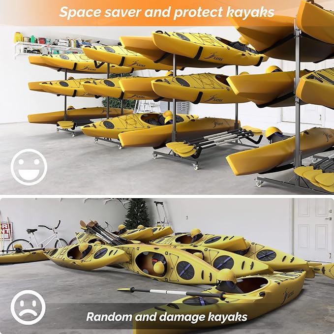 Bonnlo Kayak Stand Freestanding Storage Rack for Kayak Canoe Boat Paddle Board SUP Surfboard for Indoor Outdoor Garage, Shed, Dock with Lockable Wheels Wide Adjustable