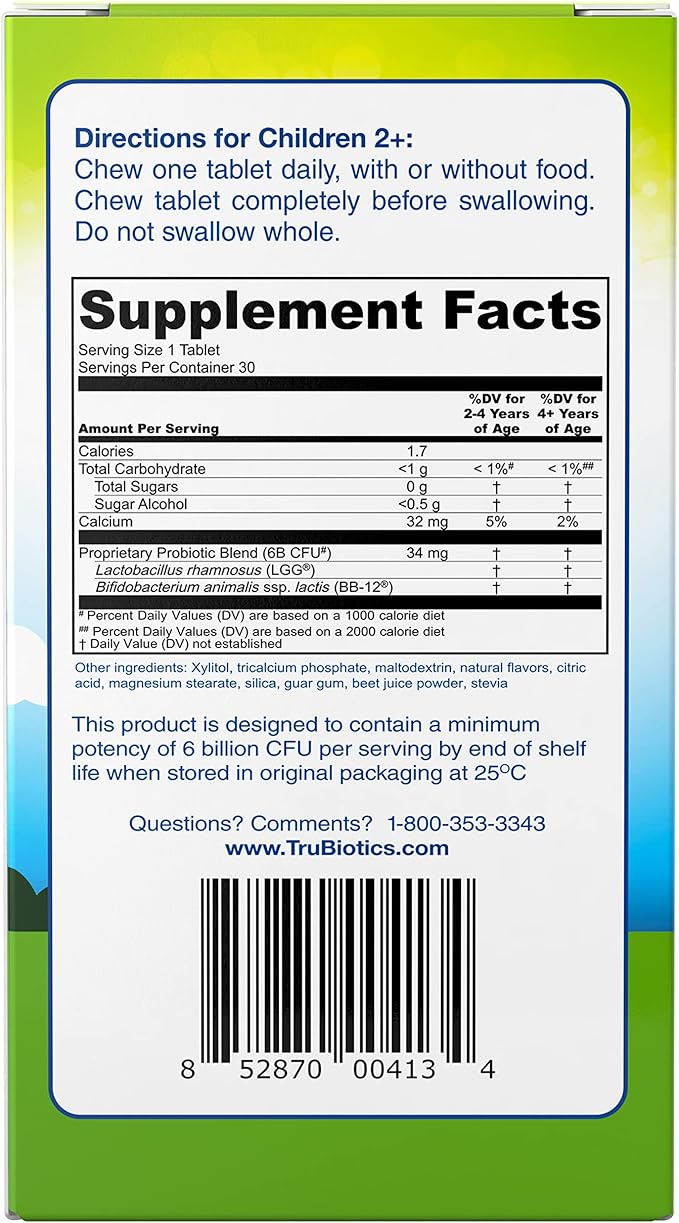 TruBiotics Probiotics for Kids Digestive & Immune Health Support, Sugar-Free Chewable Kids Probiotic to Help Maintain a Healthy Tummy, Natural Strawberry Flavor, 30 Tablets