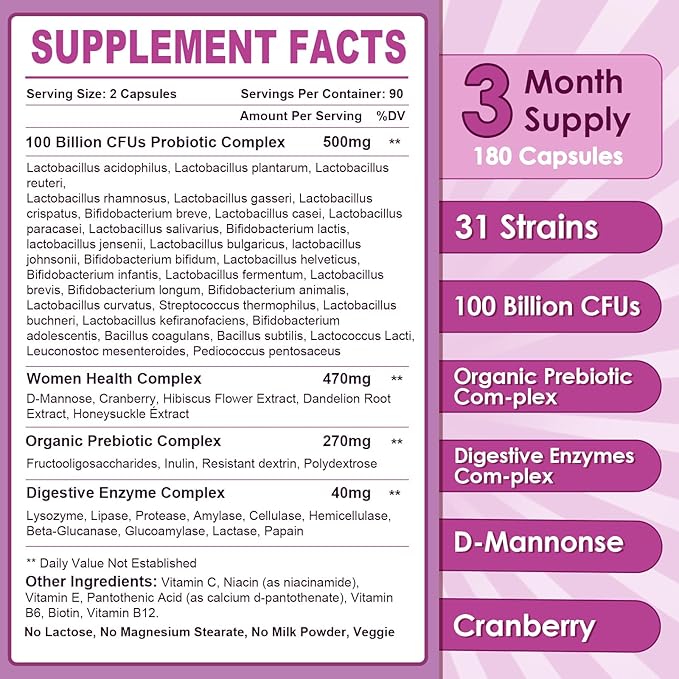 Probiotics for Women Digestive Health, 100 Billion CFUs Probiotic with Digestive Enzymes & Prebiotics, Vaginal Probiotics with Cranberry for Urinary Tract Health, pH Balance, 180 Veggie Capsules