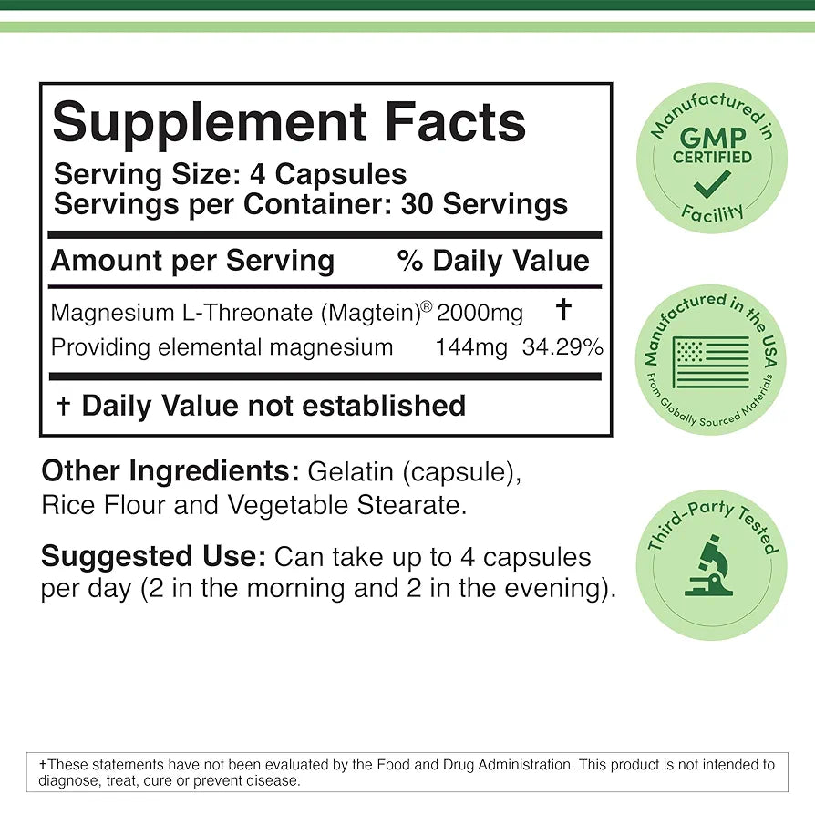 Magnesium L Threonate, Magtein™, Sleep and Cognitive Support – High Absorption – Most Bioavailable Form of Magnesium – 2,000 mg – 120 Capsules