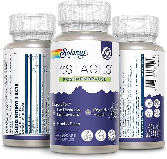 Solaray Postmenopause her Life Stages - Post Menopause Supplements for Women with Resveratrol - Vegan and Made Without Hormones - 60-Day Guarantee - Vegan, Lab Verified - 30 Servings, 60 VegCaps