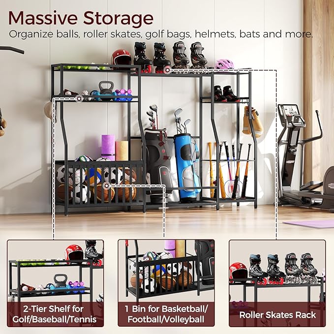 Sports Equipment Storage for Garage, Large Size Garage Storage,78.3" Ball Storage Rack, Sports Equipment Organizer with Hooks, Ball Holder for Football, Basketball, Black BEHB17201