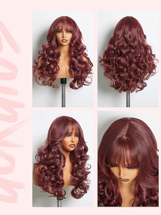 GORGIUS Glueless Wavy Wig with Bangs Burgundy Synthetic Curtain Bang Wig with Realistic Scalp 22 Inch