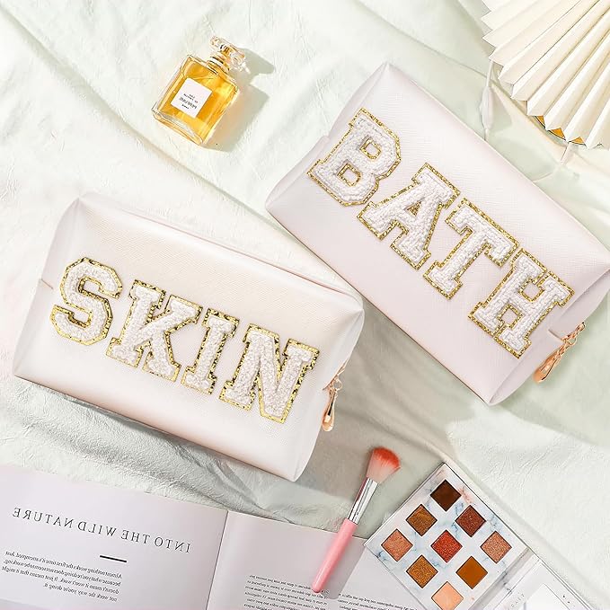 CY2SIDE SKIN Letter Makeup Bag - 2PCS SKIN and BATH Chenille Letter Patch Cosmetic Bag Preppy PU Leather Patch Pouch Waterproof Portable Zipper Travel Organizer Case Christmas Gifts for Women Girls
