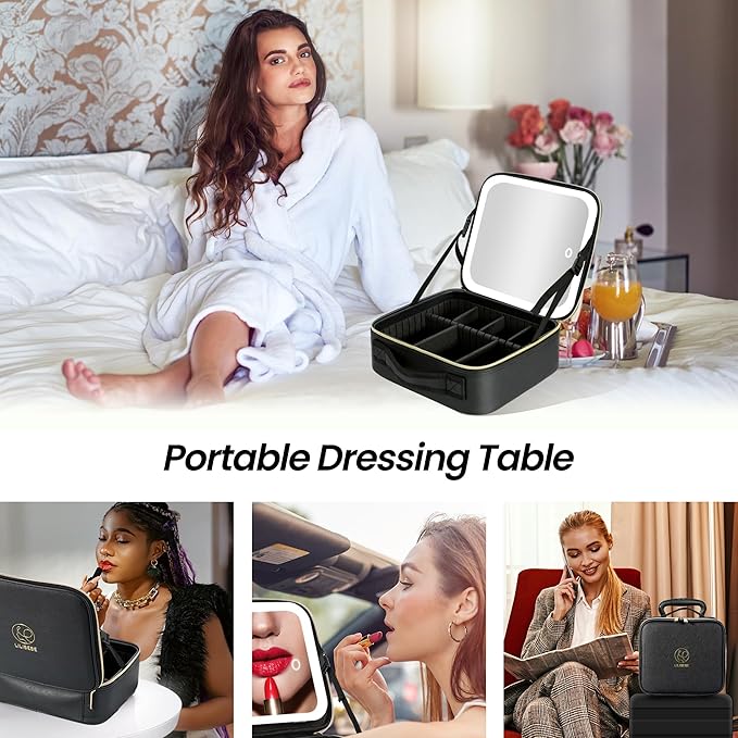 Travel Makeup Bag with Led Mirror Detachable 3 Color Scenarios Adjustable Brightness Large Cosmetic Organizer Storage Adjustable Dividers Waterproof Makeup Brushes Toiletry Gift Black