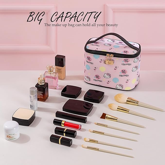 AmBealla Cosmetic Bag Large Makeup Bags Pink Travel Case with Makeup Brush Holder,2PCS Cosmetic Organizer for Women, Toiletry Storage Bag for Skincare & Beauty Tools Sweet Cute for Girls