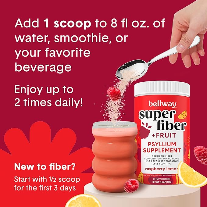 Bellway Super Fiber Powder + Fruit, Sugar Free Organic Psyllium Husk Powder Fiber Supplement for Regularity, Bloating Relief & Gut Health, Non-GMO, Plant-Based, Raspberry Lemon (50 Servings)