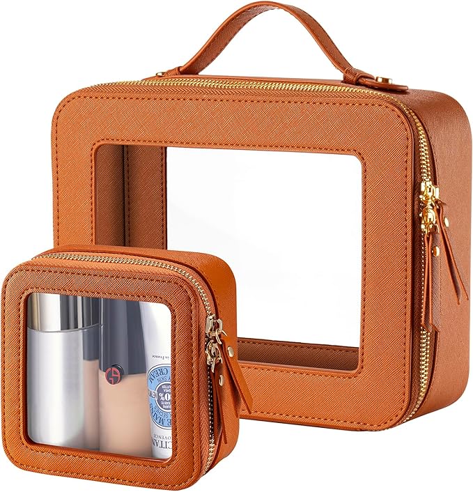 Keains Clear Makeup Bag Set,Cosmetic Organizer Case Transparent Waterproof Travel Toiletry Bag with Zipper,Portable Make Up Organizer Traveling Compact Car Bag for Essentials(Orange brown)