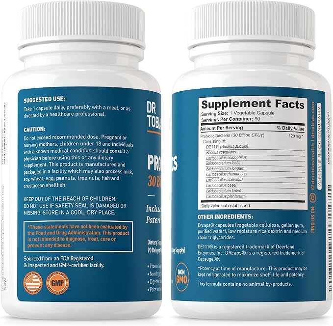 Dr. Tobias Probiotics 30 Billion, 10 Strains, 30 Billion CFU's, Targeted Release Probiotics for Digestive Health, Shelf-Stable Probiotics for Women & Men, Non-GMO, 90 Capsules, 90 Servings