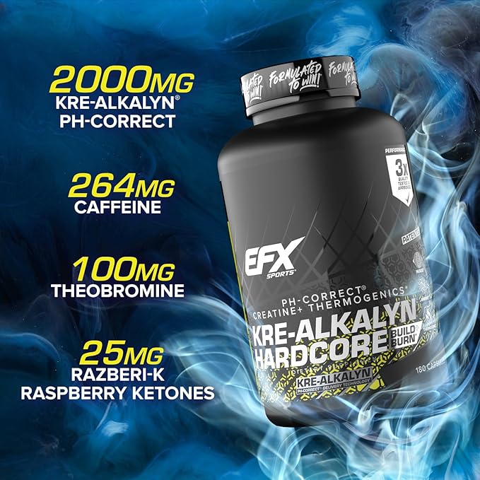 EFX Sports Kre-Alkalyn Hardcore | Thermogenic pH Correct Creatine Monohydrate Pill Supplement | Energy & Strength Pre Workout | 60 Servings, 180 Capsules